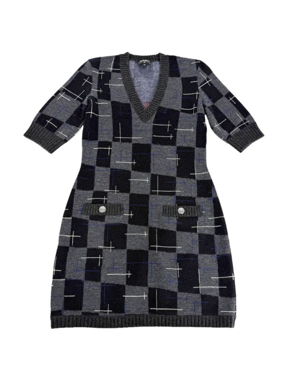 Chanel Dress Knit V-neck Check Black Gray Cashmere Wool Autumn Winter 34